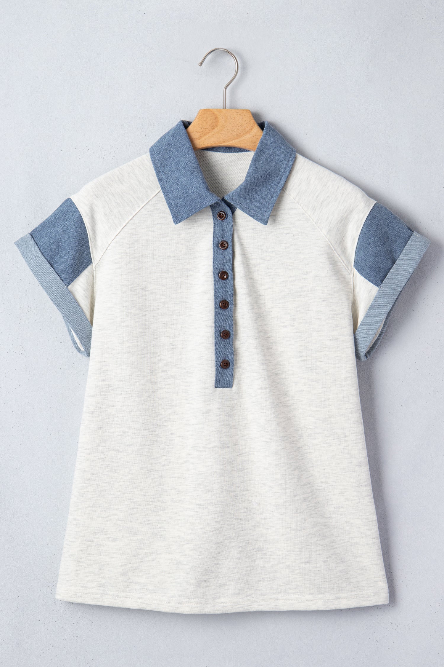 LuckeLadybug ladies denim blouse with short sleeves and button placket in a casual style