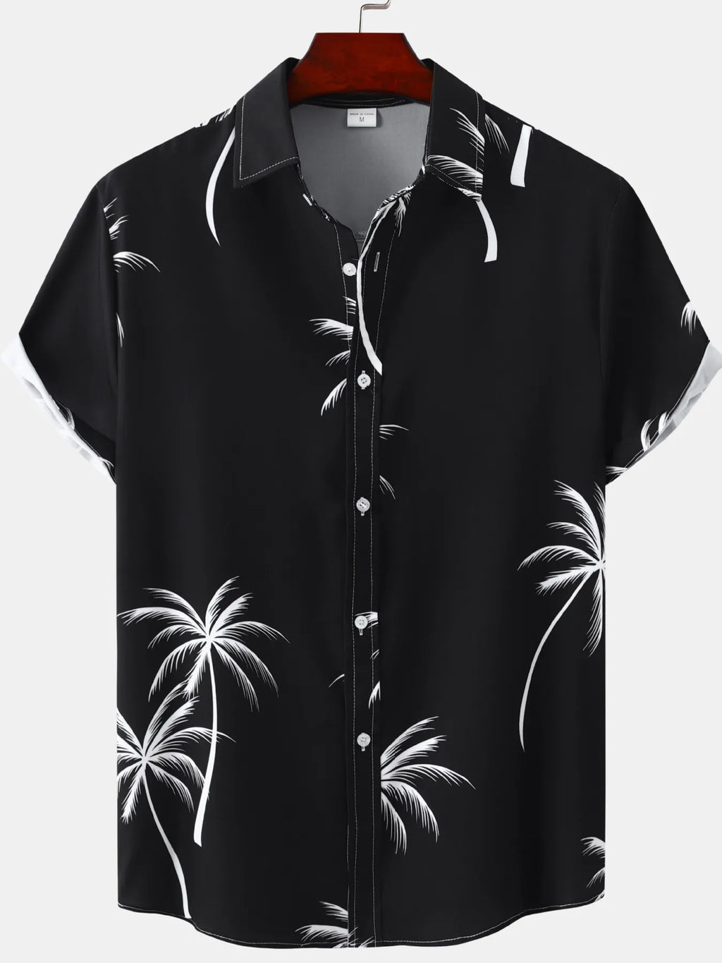 LuckeLadybug LLC ladies tropical shirt in black with white palm tree print and short sleeves