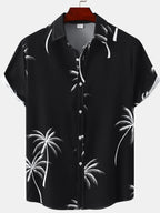 LuckeLadybug LLC ladies tropical shirt in black with white palm tree print and short sleeves