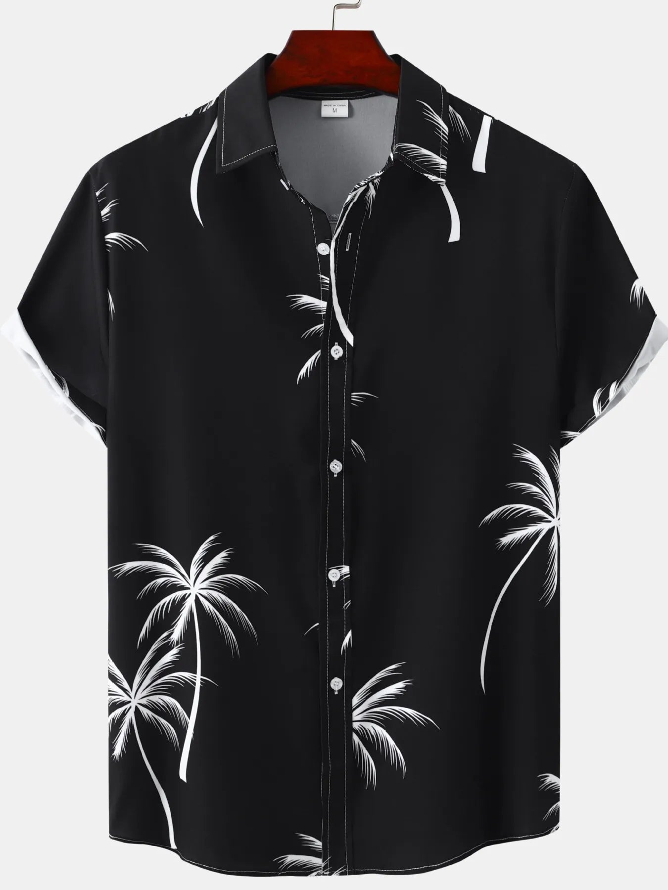 LuckeLadybug LLC ladies tropical shirt in black with white palm tree print and short sleeves