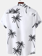 LuckeLadybug LLC ladies tropical shirt with a stylish palm tree print on a white background