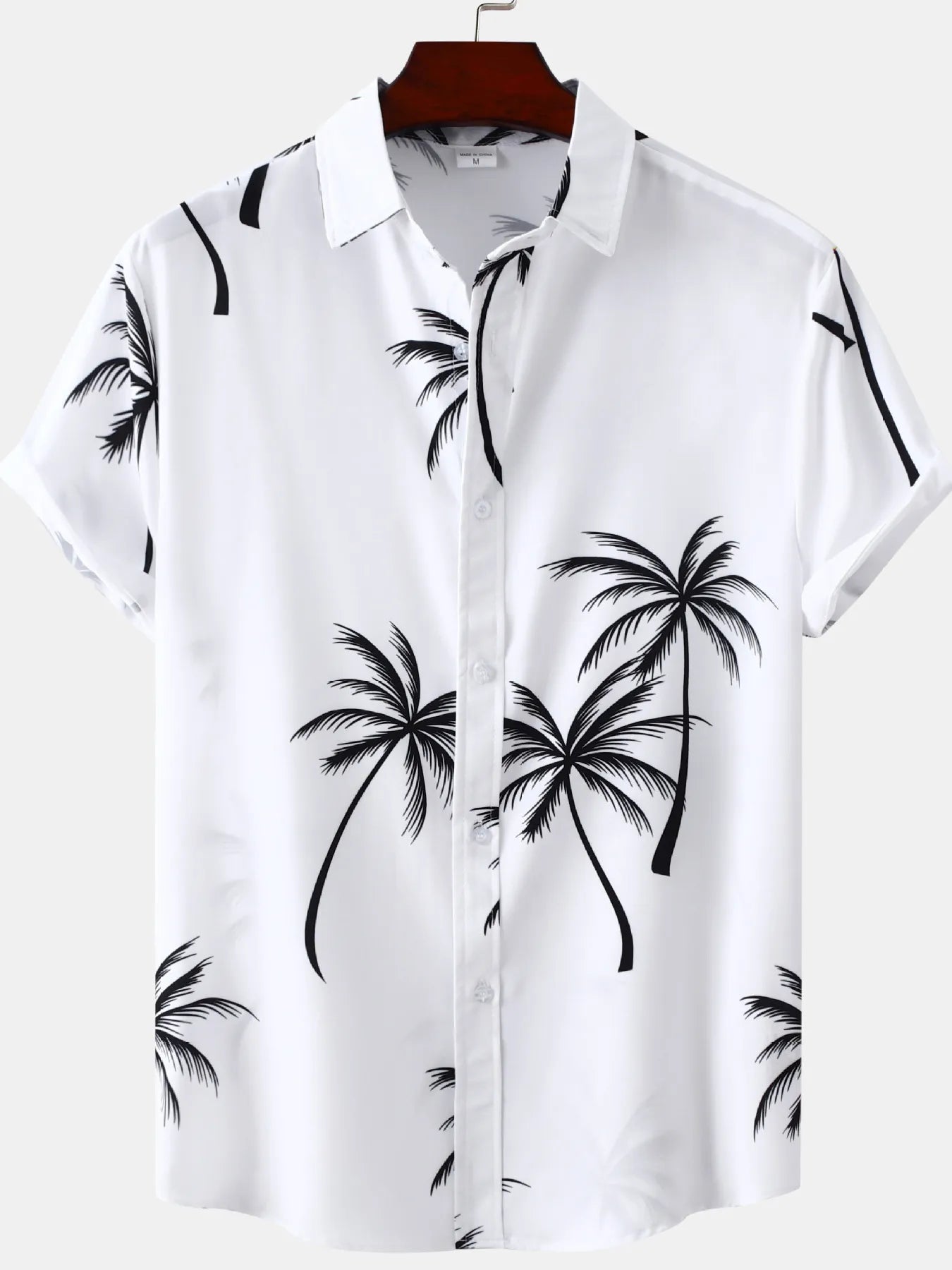 LuckeLadybug ladies tropical shirt with black palm tree print on a white background