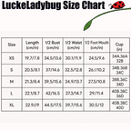 LuckeLadybug size chart for ladybug bikini swimsuit showing measurements for XS to XL sizes in cm and inches