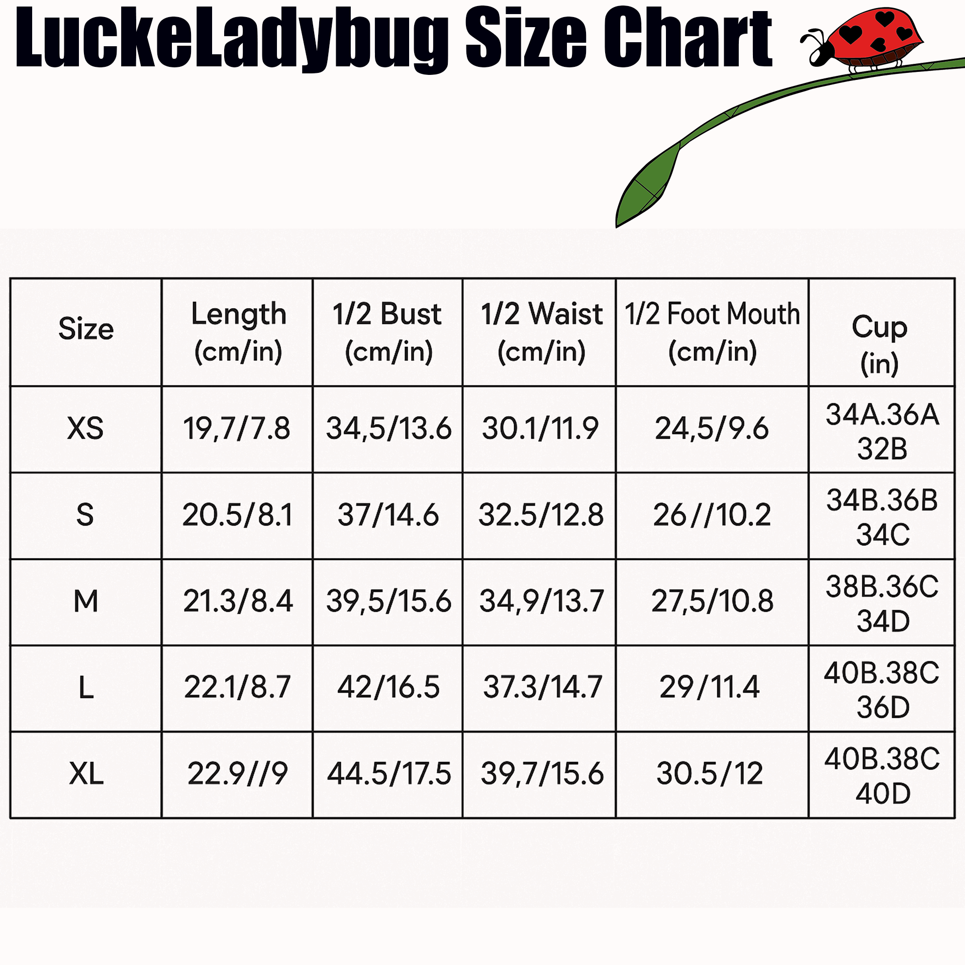 LuckeLadybug size chart for ladybug bikini swimsuit showing measurements for XS to XL sizes in cm and inches