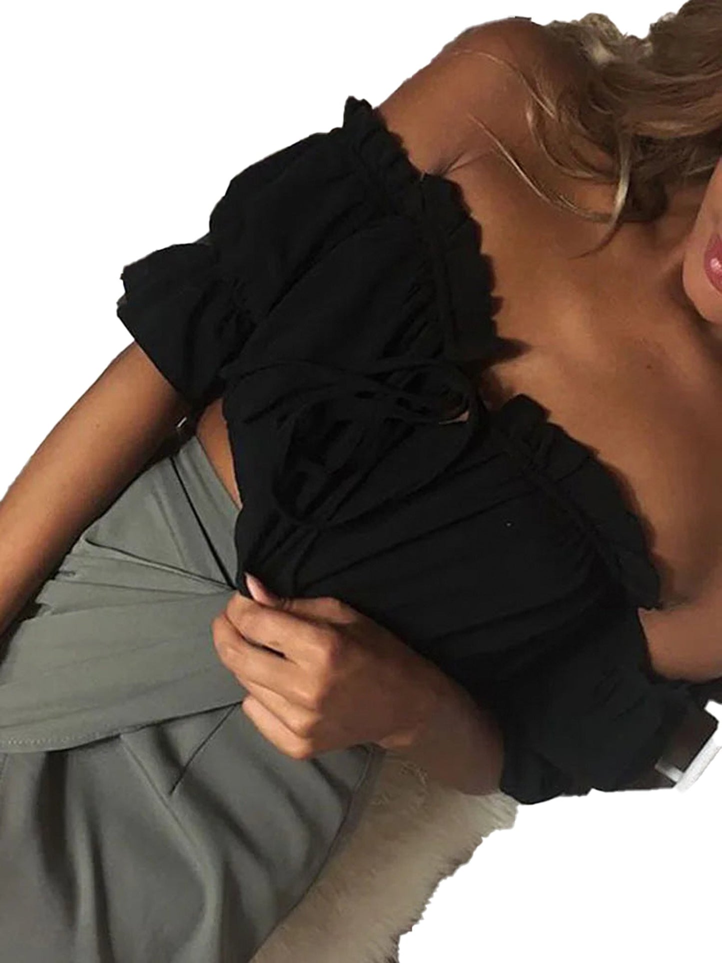 Black lantern sleeve crop top for women with a stylish off-shoulder design and lace-up detail