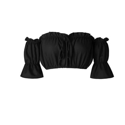 Black lantern sleeve crop top for women with ruffled edges and adjustable tie front