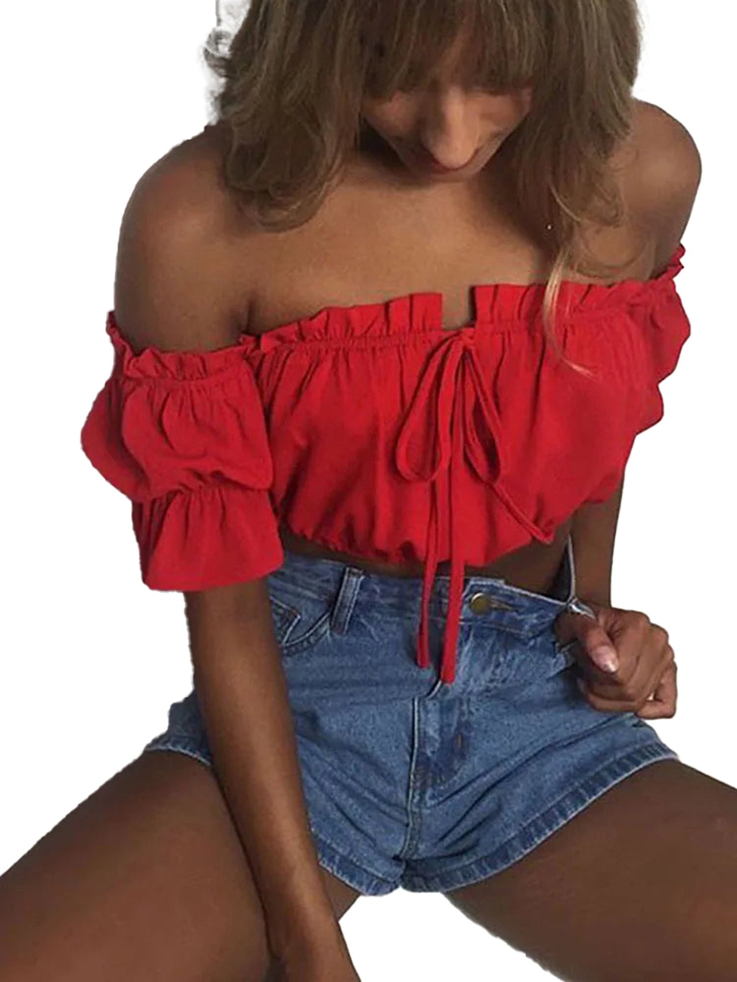 LuckeLadybug LLC red lantern sleeve crop top for women with off-shoulder design and adjustable tie front