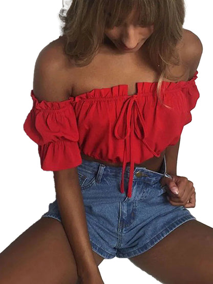 LuckeLadybug LLC red lantern sleeve crop top for women with off-shoulder design and adjustable tie front