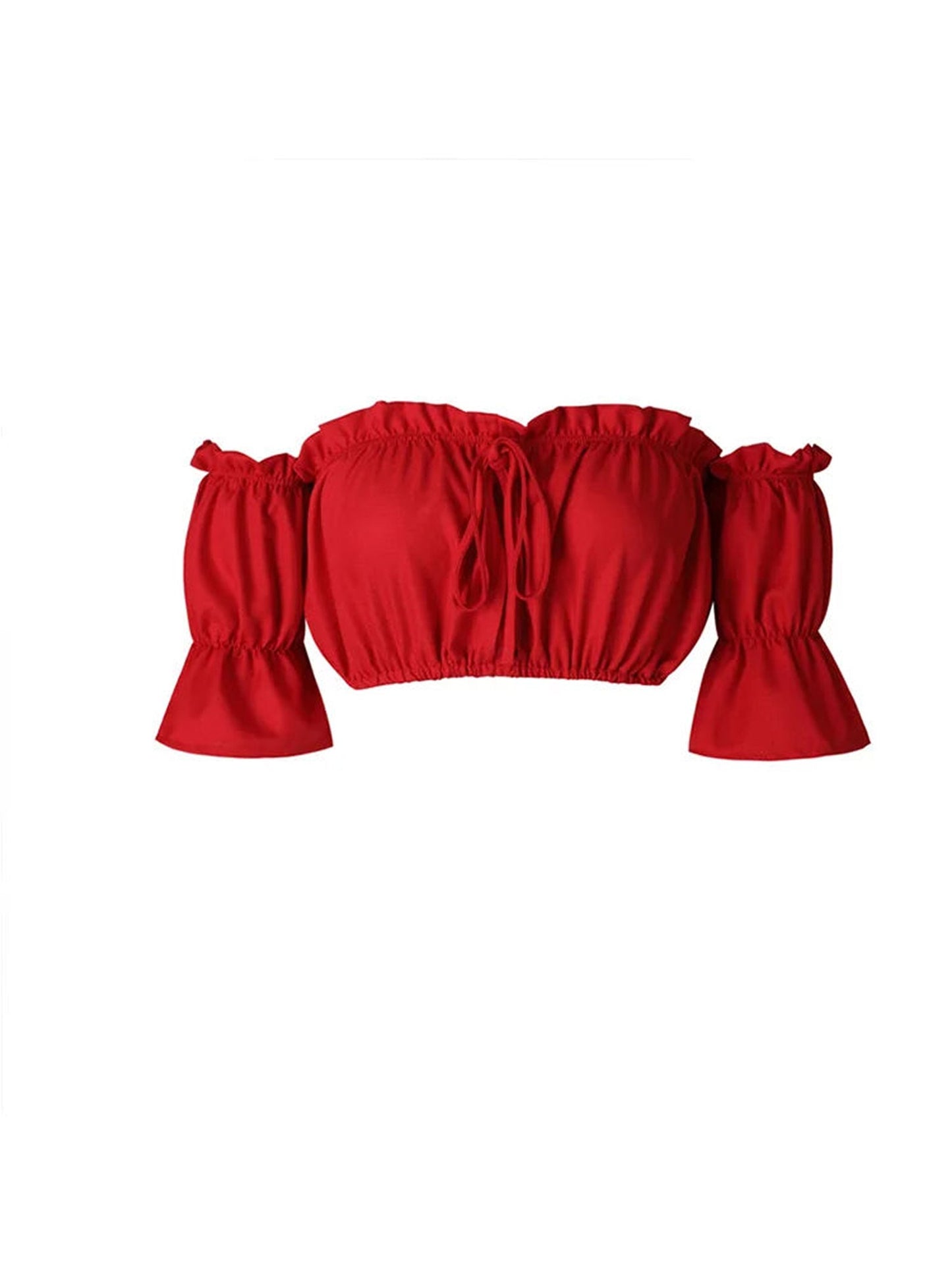 Red lantern sleeve crop top for women with a ruffled neckline and stylish puff sleeves