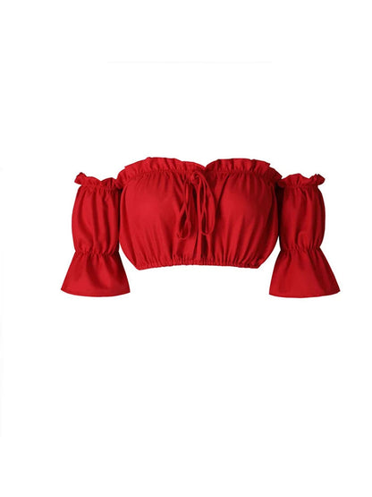 Red lantern sleeve crop top for women with a ruffled neckline and stylish puff sleeves