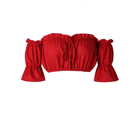 Red lantern sleeve crop top for women with ruffle detailing and tie front design