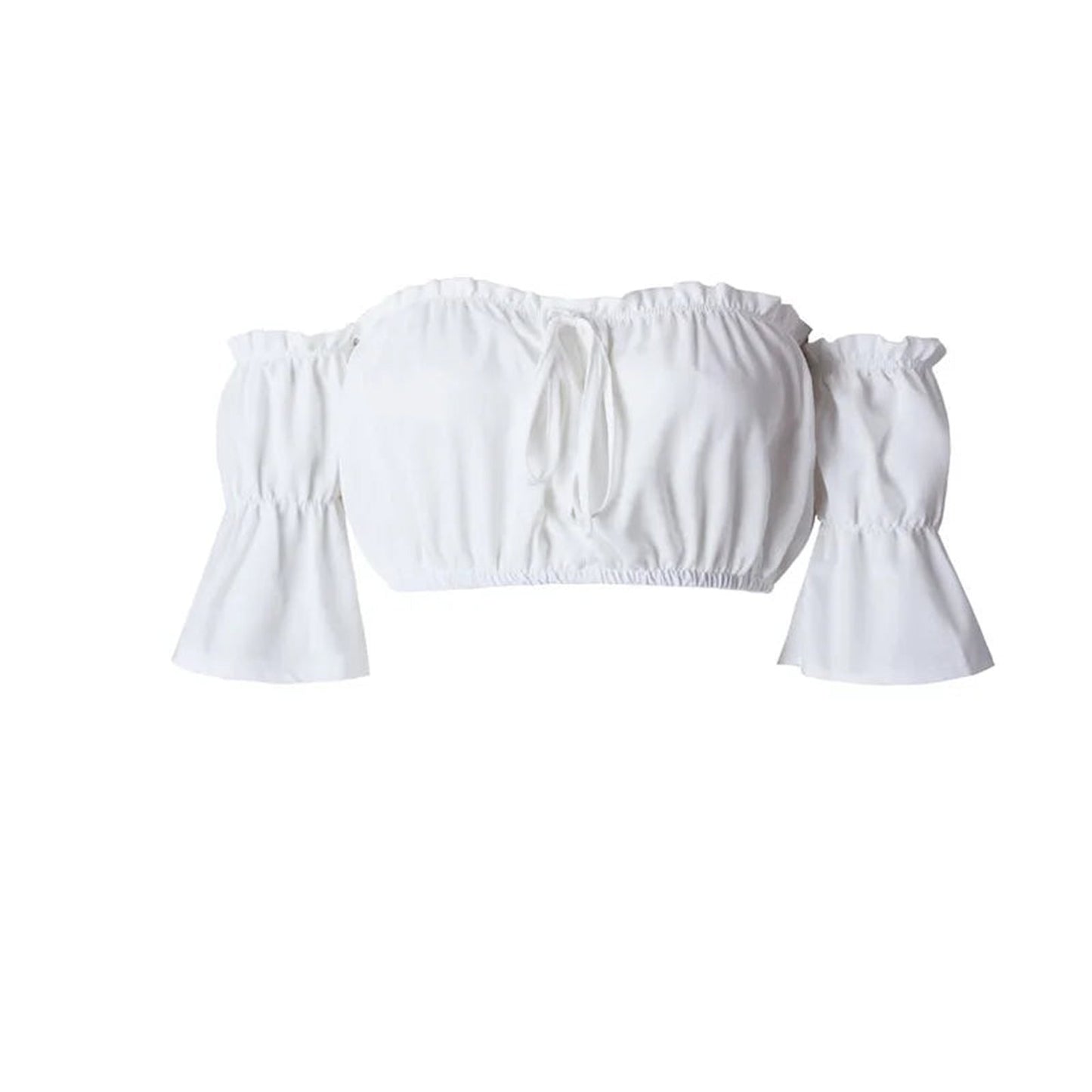 LuckeLadybug LLC lantern sleeve crop top for women in white with shirred design and adjustable tie