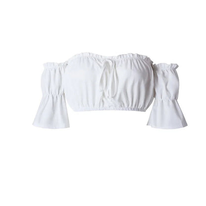 LuckeLadybug LLC lantern sleeve crop top for women in white with shirred design and adjustable tie
