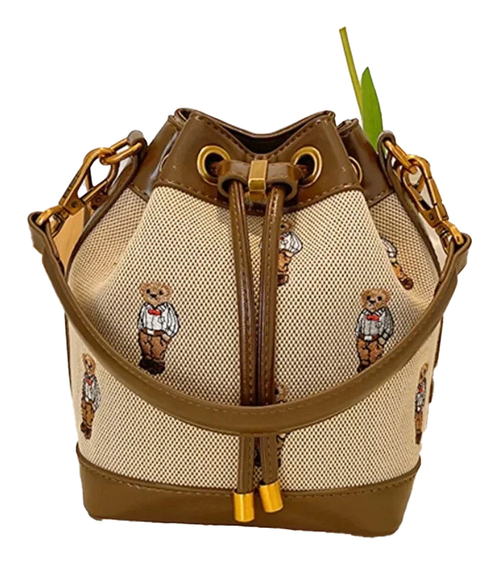 LuckeLadybug large capacity drawstring bucket bag with teddy bear design and stylish handle