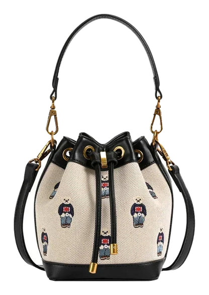 Stylish large capacity drawstring bucket bag with bear embroidery and sturdy handles