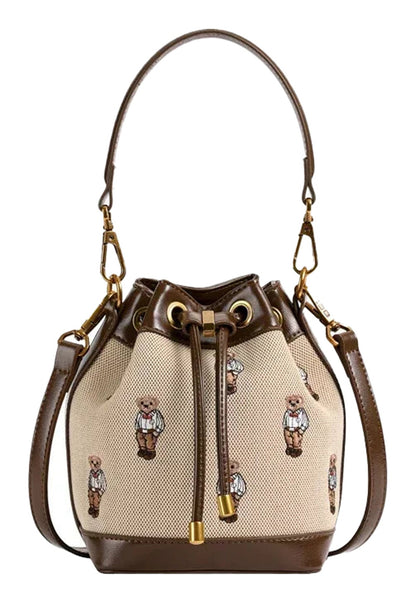 LuckeLadybug large capacity drawstring bucket bag with bear print and adjustable strap