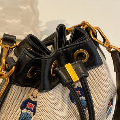 Close-up of large capacity drawstring bucket bag showcasing its stylish design and durable materials