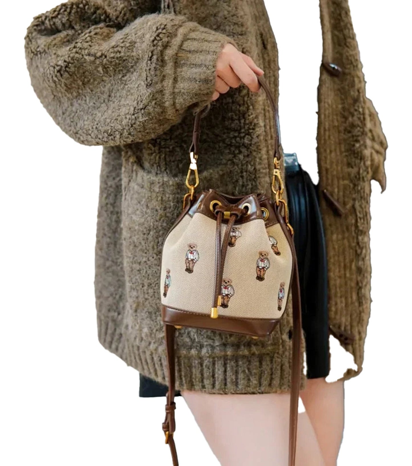 Stylish large capacity drawstring bucket bag with decorative patterns, perfect for everyday use