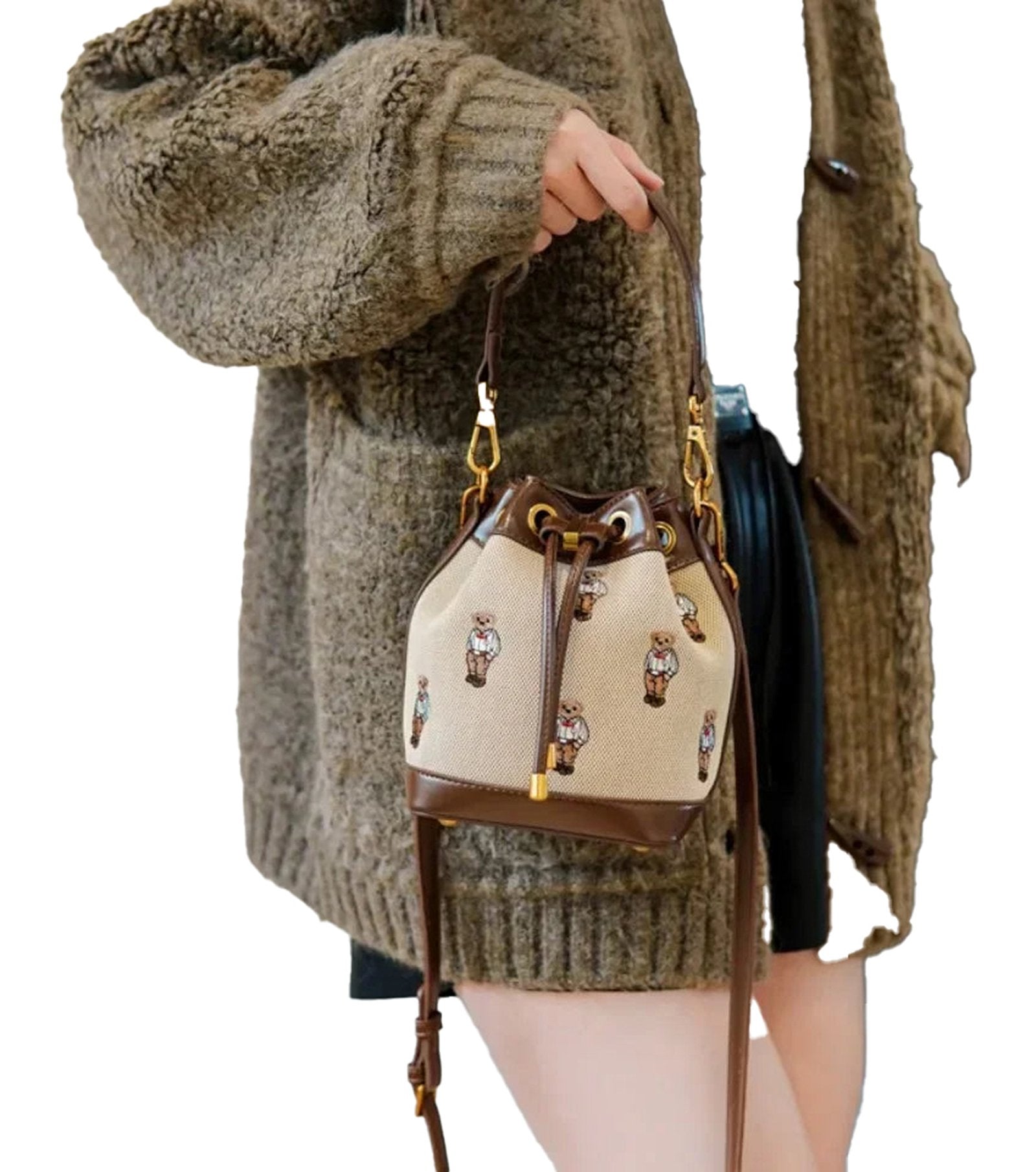 Stylish large capacity drawstring bucket bag with decorative patterns, perfect for everyday use