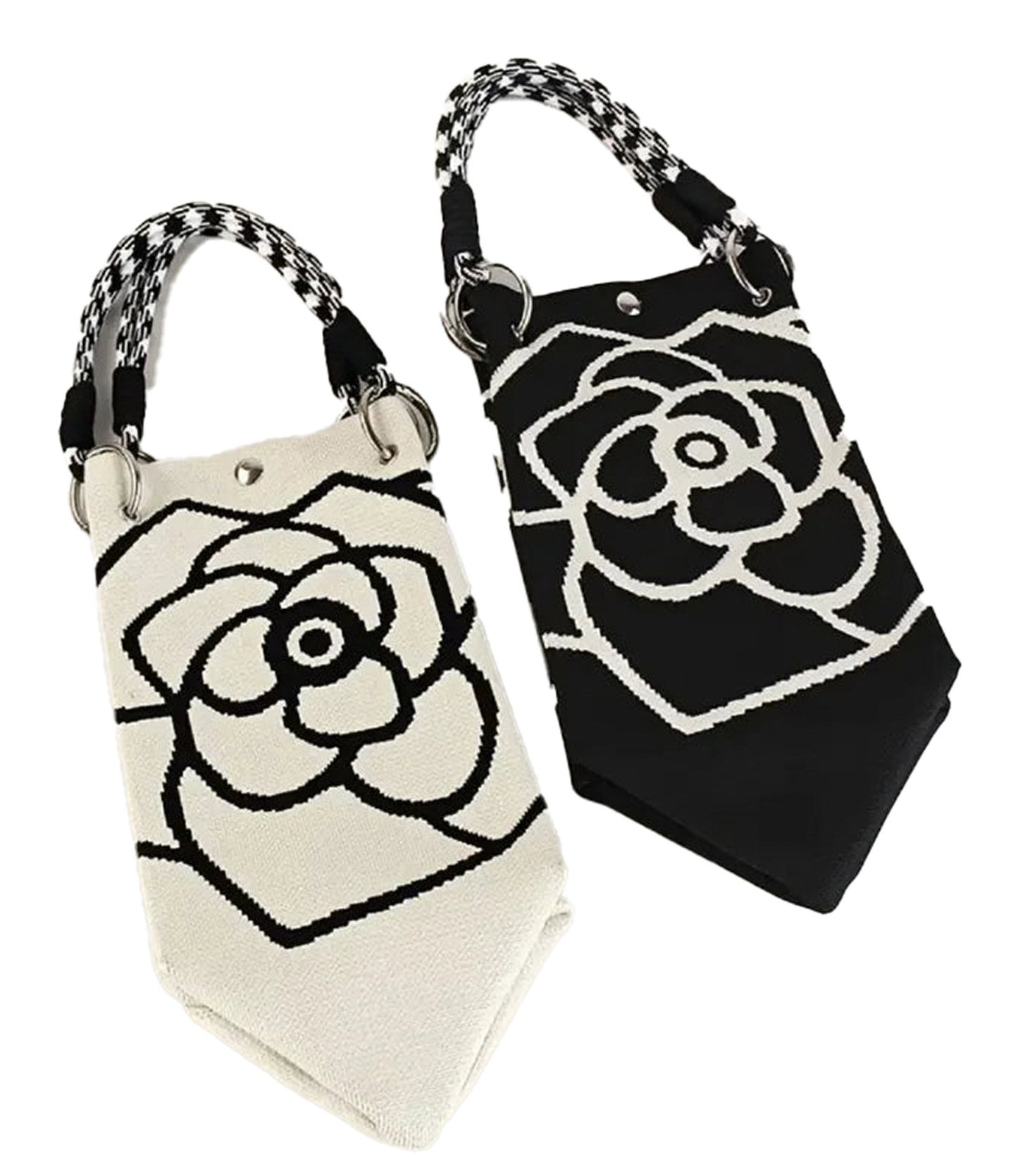 Large knitted tote bag for women featuring a floral design in black and white with stylish handles