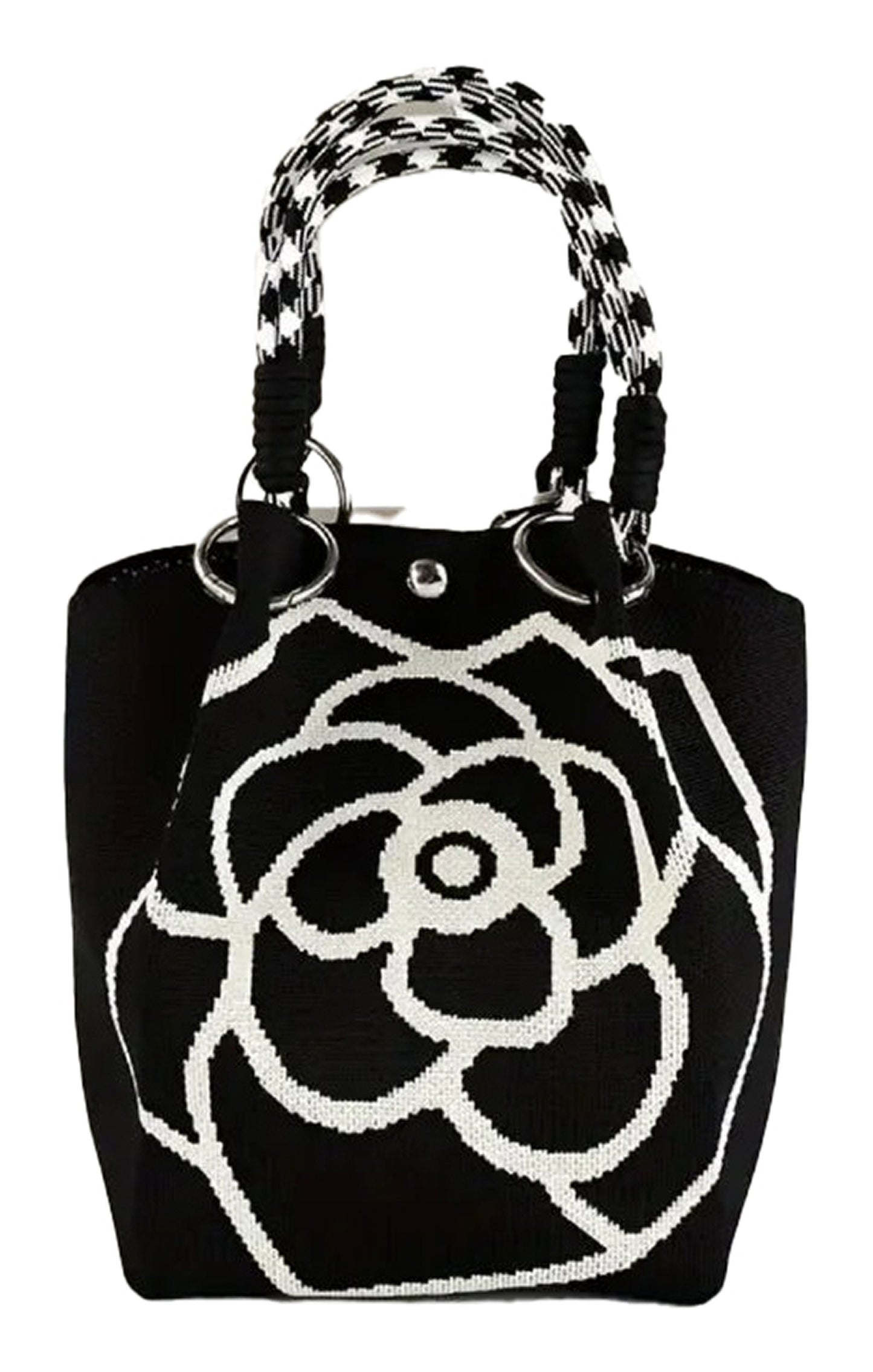 LuckeLadybug LLC large knitted tote bag for women featuring a black and white rose design