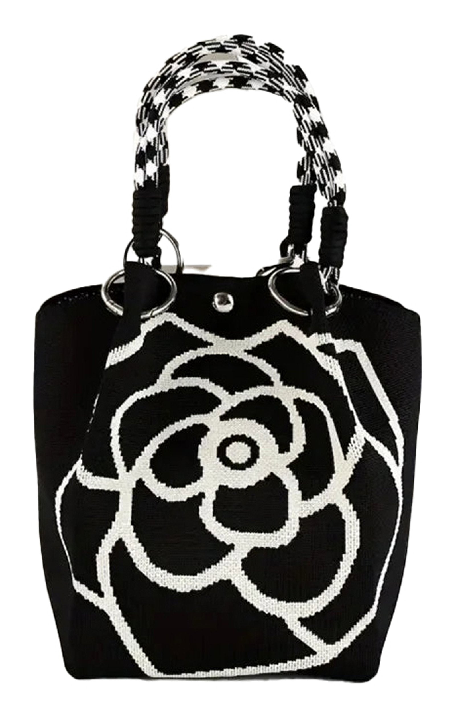 LuckeLadybug LLC large knitted tote bag for women featuring a black and white rose design