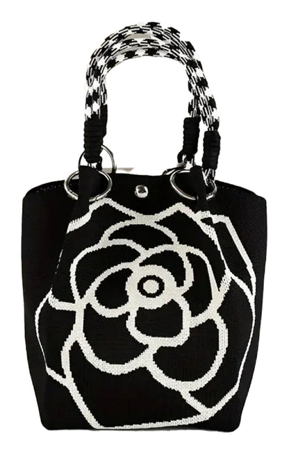LuckeLadybug LLC large knitted tote bag for women featuring a black and white rose design
