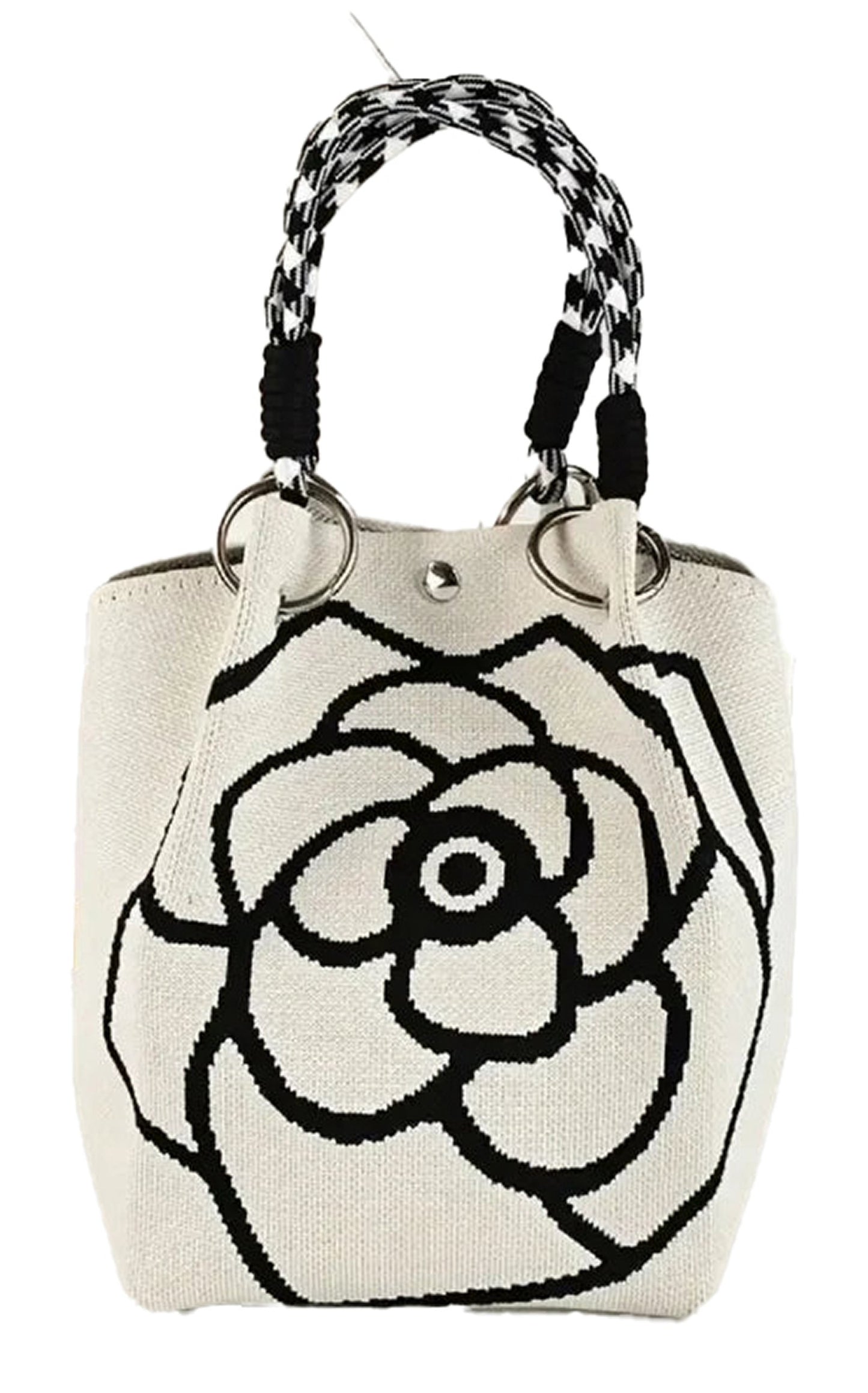 LuckeLadybug LLC large knitted tote bag for women featuring flower design and braided handles