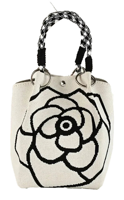 LuckeLadybug LLC large knitted tote bag for women featuring flower design and braided handles