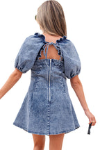 LuckeLadybug blue denim puff sleeve dress with back tie detail zip closure and short flared bodycon silhouette