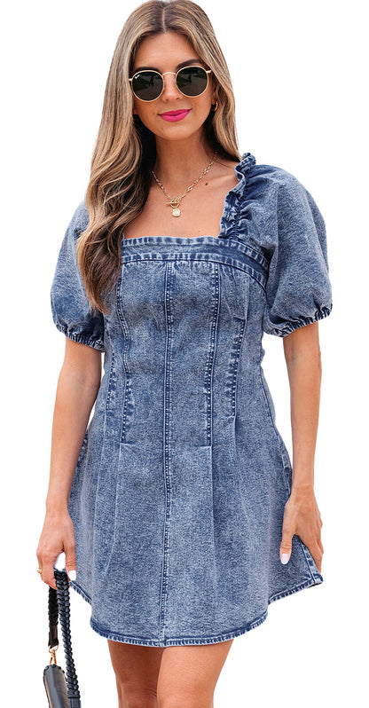 LuckeLadybug blue denim puff sleeve dress fitted bodycon silhouette with square ruffle neckline and short puff sleeves