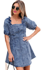 LuckeLadybug blue denim puff sleeve dress bodycon mini with square ruffle neckline and short puff sleeves
