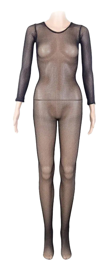 LuckeLadybug LLC Latin ballroom fishnet jumpsuit in black with long sleeves and full body coverage