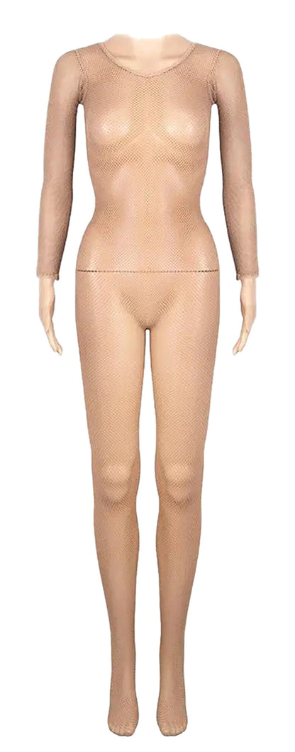 LuckeLadybug LLC Latin ballroom fishnet jumpsuit with long sleeves for dance performances