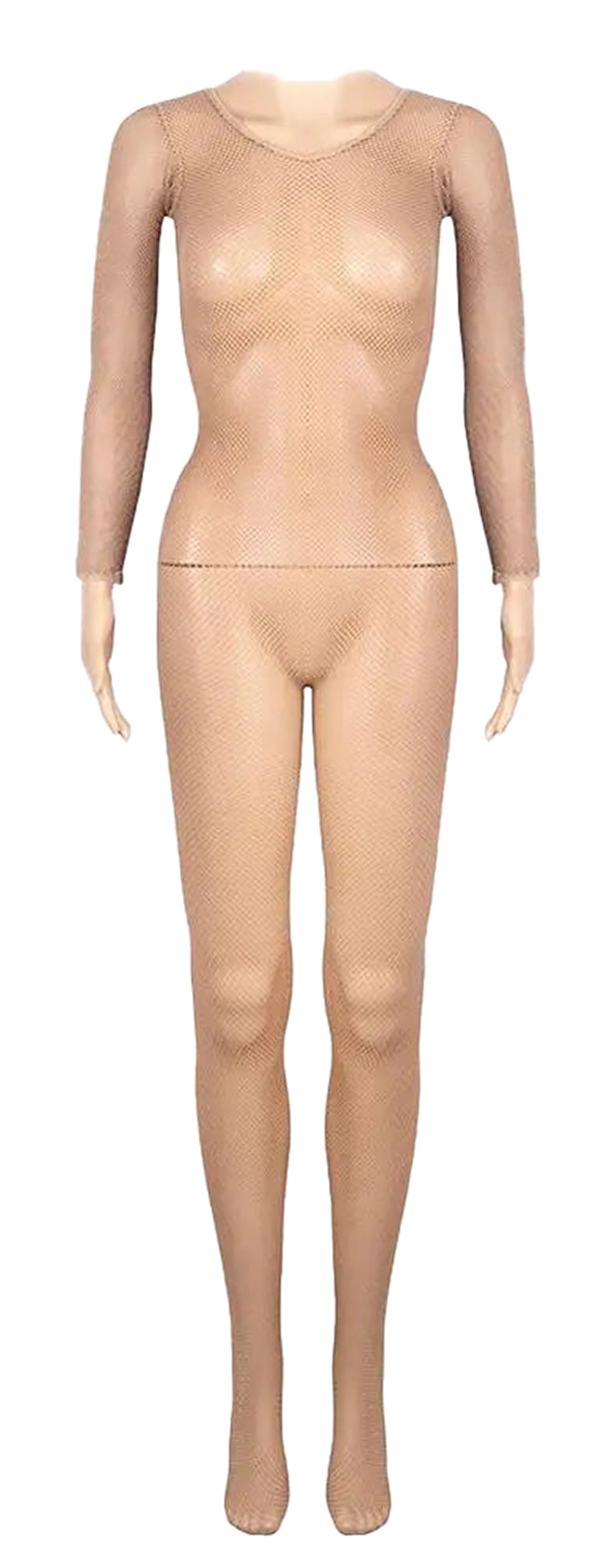 LuckeLadybug LLC Latin ballroom fishnet jumpsuit featuring long sleeves for elegant dance performances