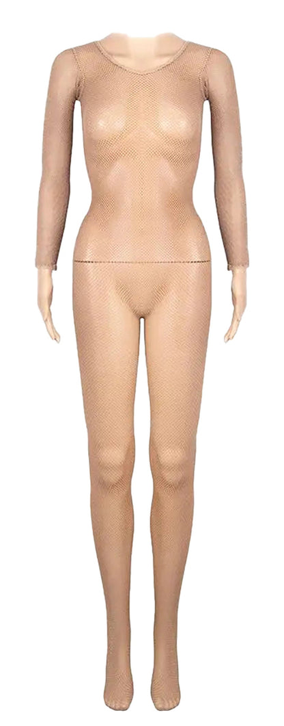LuckeLadybug LLC Latin ballroom fishnet jumpsuit featuring long sleeves for elegant dance performances