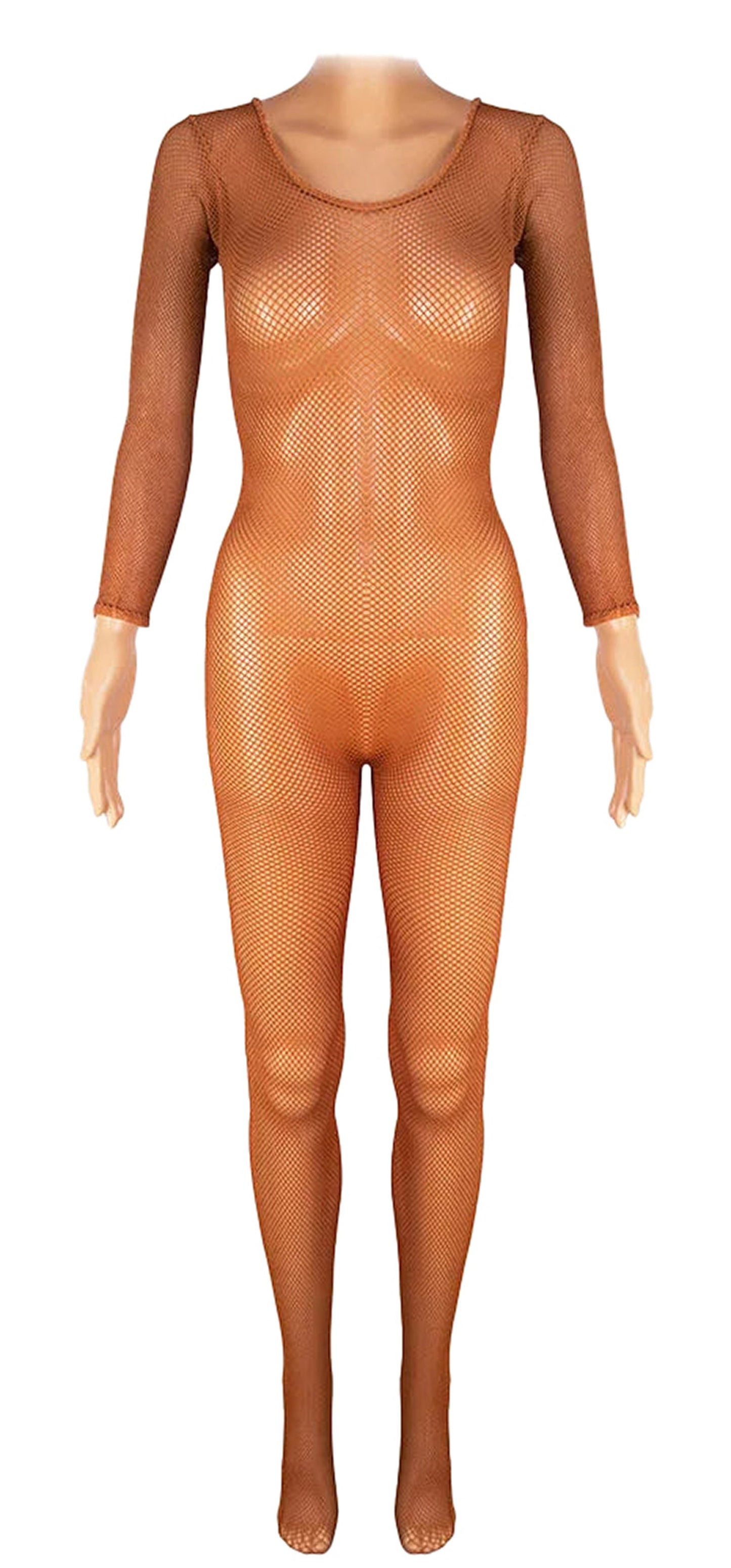 LuckeLadybug LLC Latin ballroom fishnet jumpsuit in tan with long sleeves and full coverage for dance performances