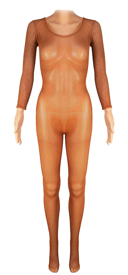 LuckeLadybug LLC Latin ballroom fishnet jumpsuit in tan with long sleeves and full coverage for dance performances