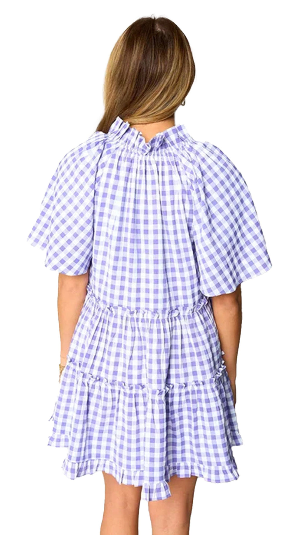Back view of the lavender plaid babydoll dress with puff sleeves and tiered design