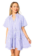 LuckeLadybug lavender plaid babydoll dress with short sleeves and ruffle hem for a stylish look