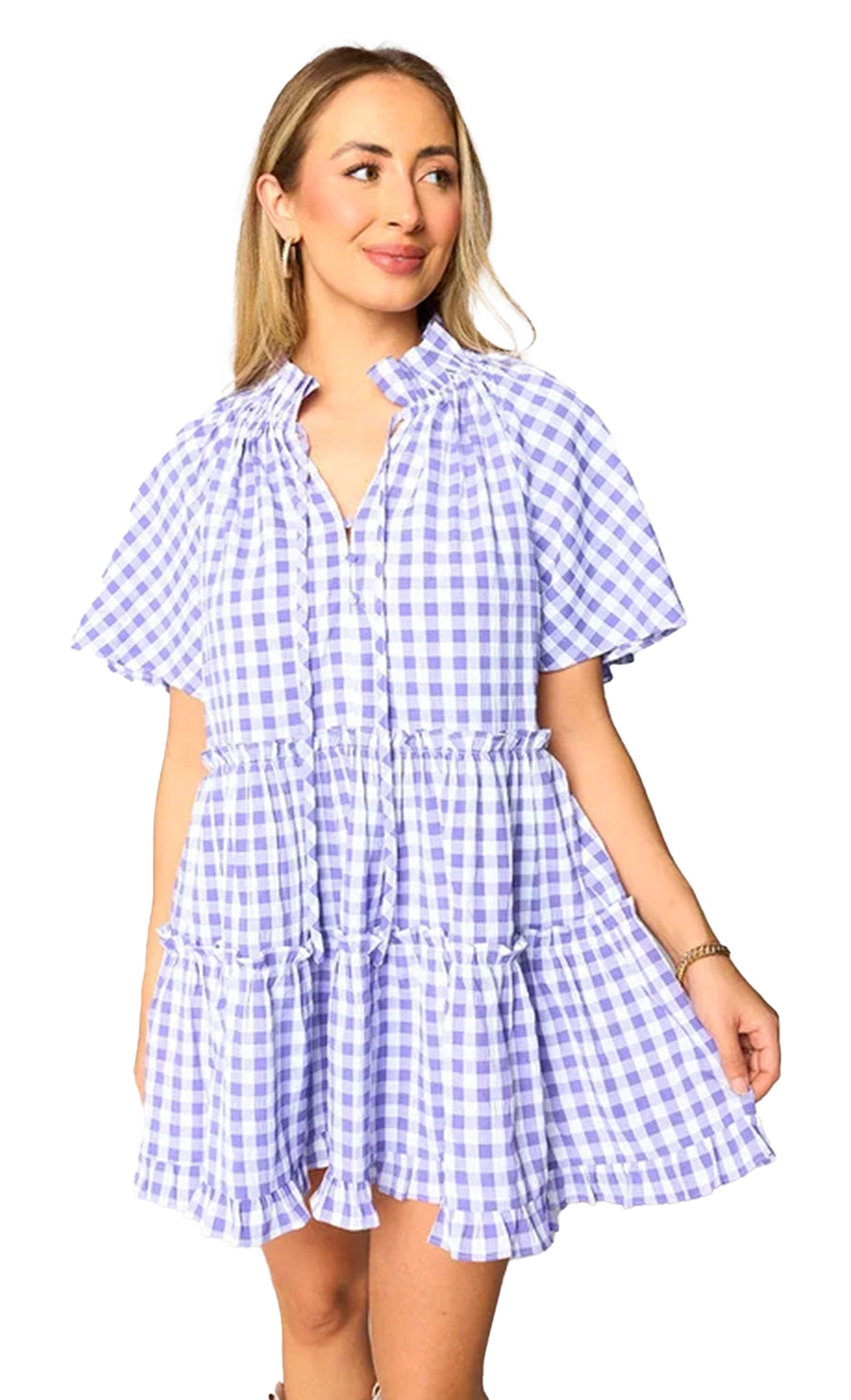 LuckeLadybug lavender plaid babydoll dress with short sleeves and ruffle hem for a stylish look