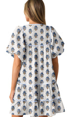 LuckeLadybug sky blue floral mini dress back view with tiered ruffle skirt and flutter sleeves