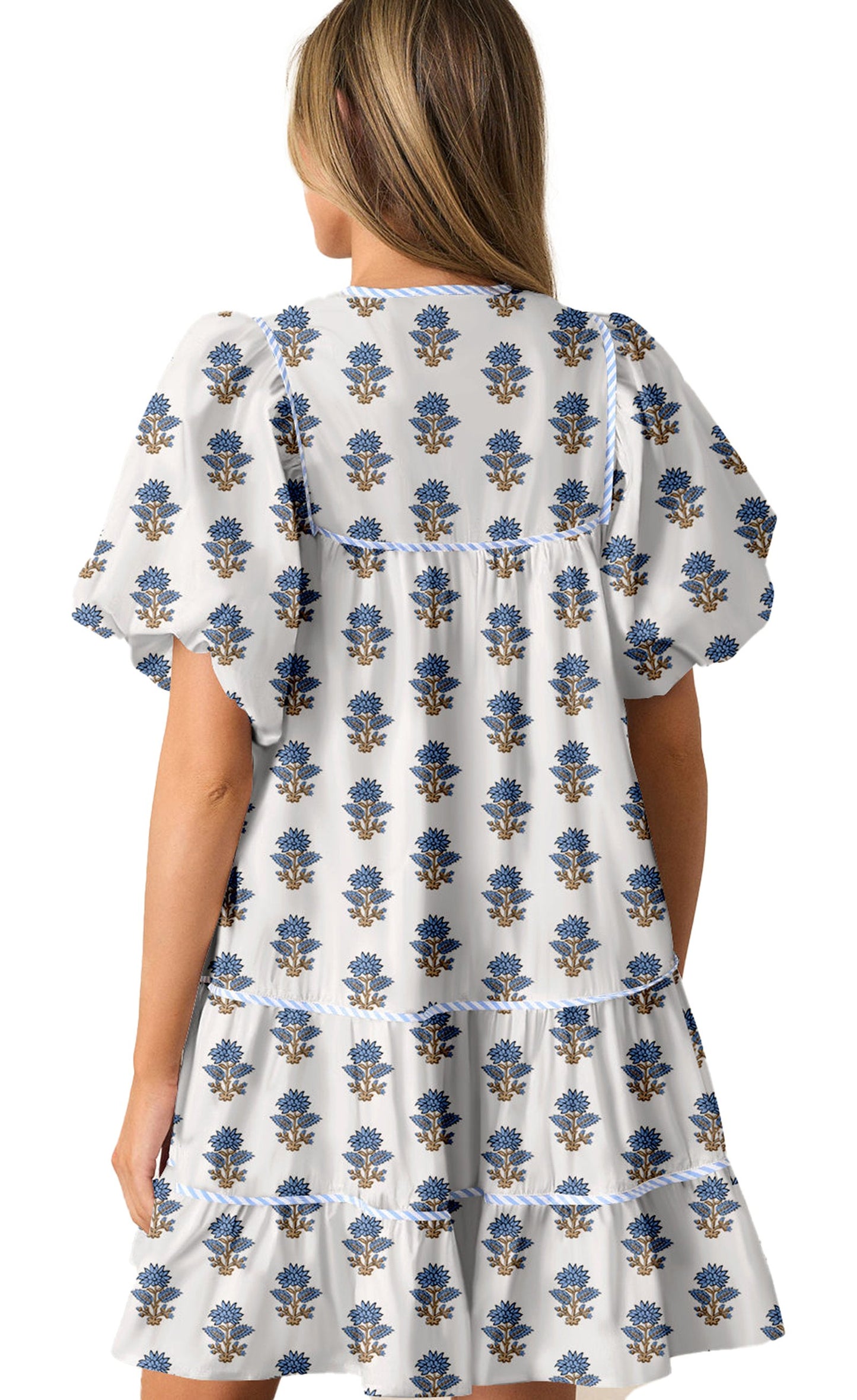 LuckeLadybug sky blue floral mini dress back view with tiered ruffle skirt and flutter sleeves