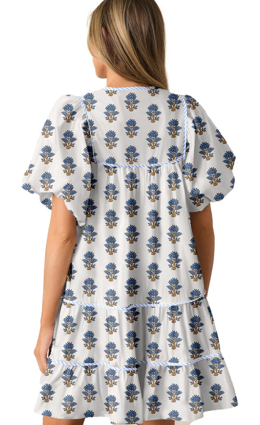 LuckeLadybug sky blue floral mini dress back view with tiered ruffle skirt and flutter sleeves