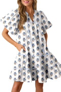 LuckeLadybug sky blue floral mini dress white tiered cotton sundress with puff sleeves and pockets
