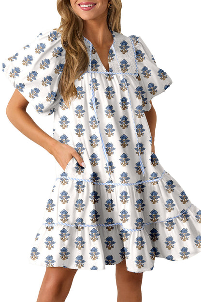 LuckeLadybug sky blue floral mini dress white tiered cotton sundress with puff sleeves and pockets