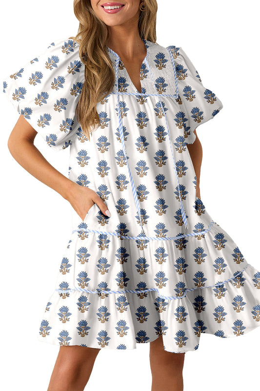 LuckeLadybug sky blue floral mini dress white tiered cotton sundress with puff sleeves and pockets