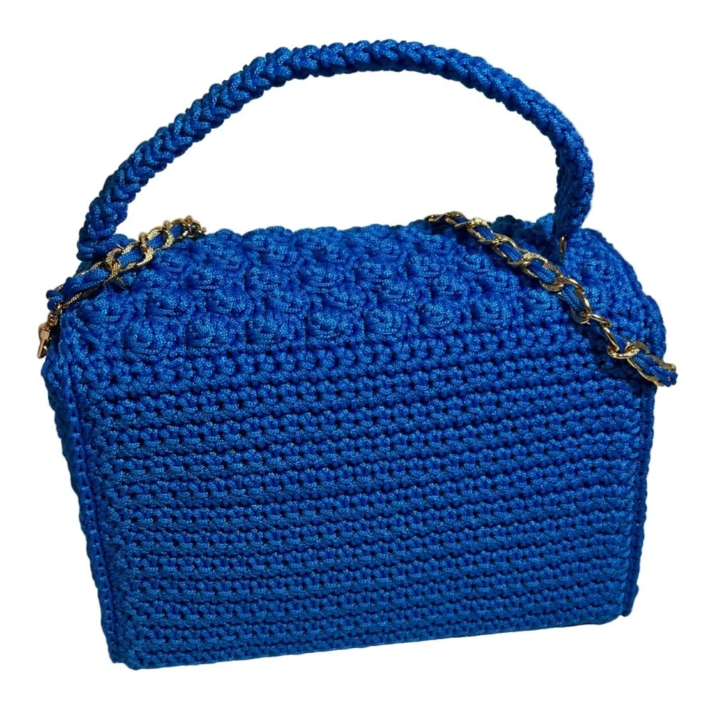 Handmade leather handbag handmade in vibrant blue with a stylish chain handle