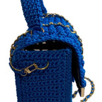 ThreadsByHannah leather handbag handmade with a stylish blue design and gold chain strap