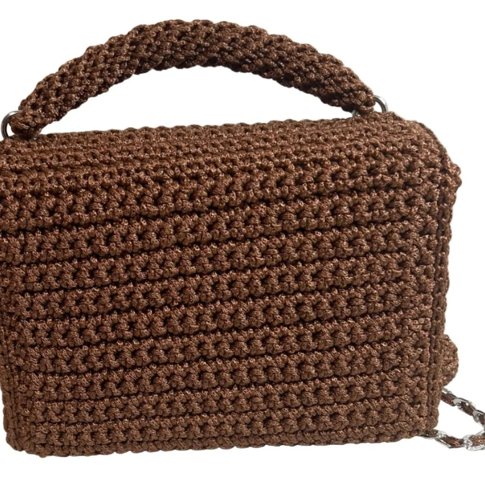 Brown Woven Clutch Bag with Handle and Chain Strap for Stylish Accessories, featuring a leather woven purse design